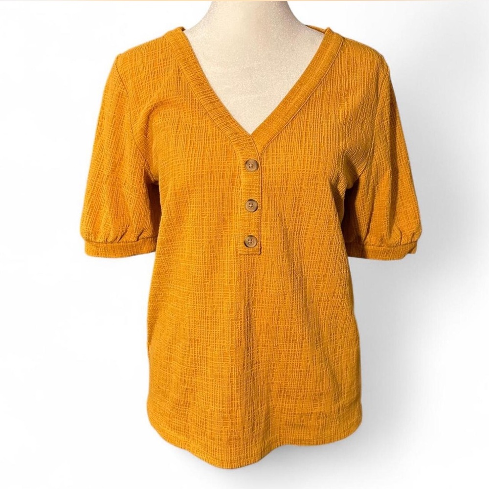 LOFT‎ Mustard Yellow Textured Henley Style  Blouse Small